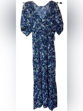 Old Navy Navy SZ XL Blue White Boho Floral Puff Sleeve Pocket Midi Maxi Dress